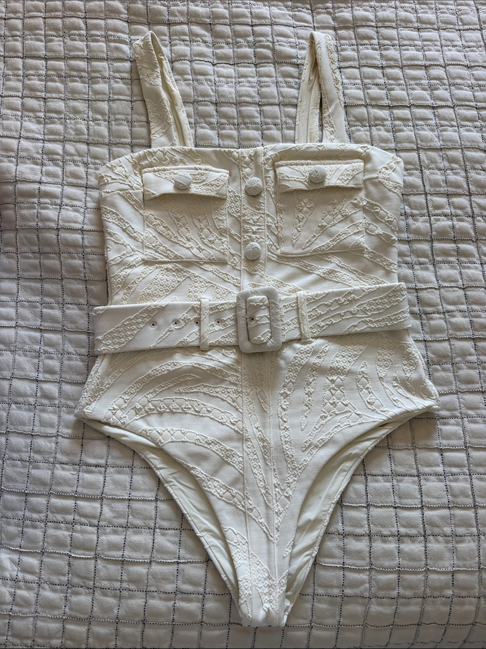 DEVON WINDSOR Cream Textured One-Piece with Belted Waist